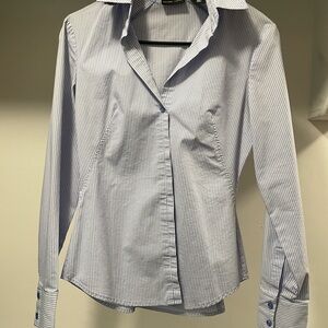 New York & Company Women's Blue and White Striped Button Down Shirt